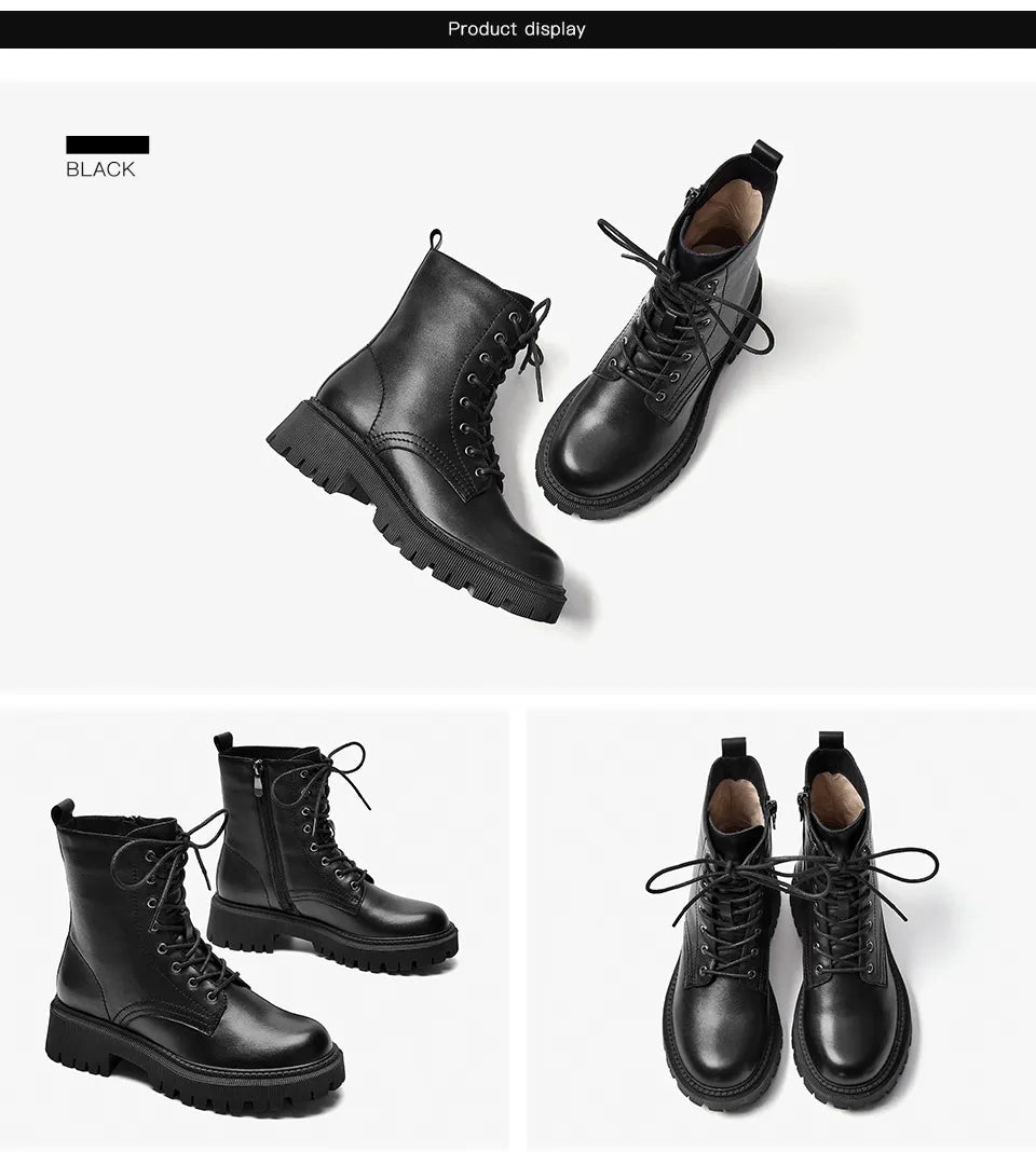 BeauToday Ankle Boots Women Platform Cow Leather Round Toe Lace-Up Zipper Closure Autumn Winter Shoes Thick Sole Handmade 04420