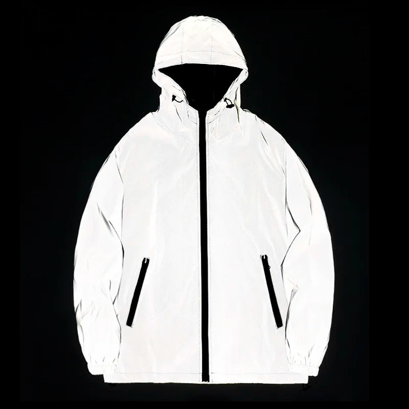 New Night Reflective Jackets Double Fabric Windbreaker Hooded Jacket Men Hip Hop Dancer singer Waterproof Zipper Coats Outwear