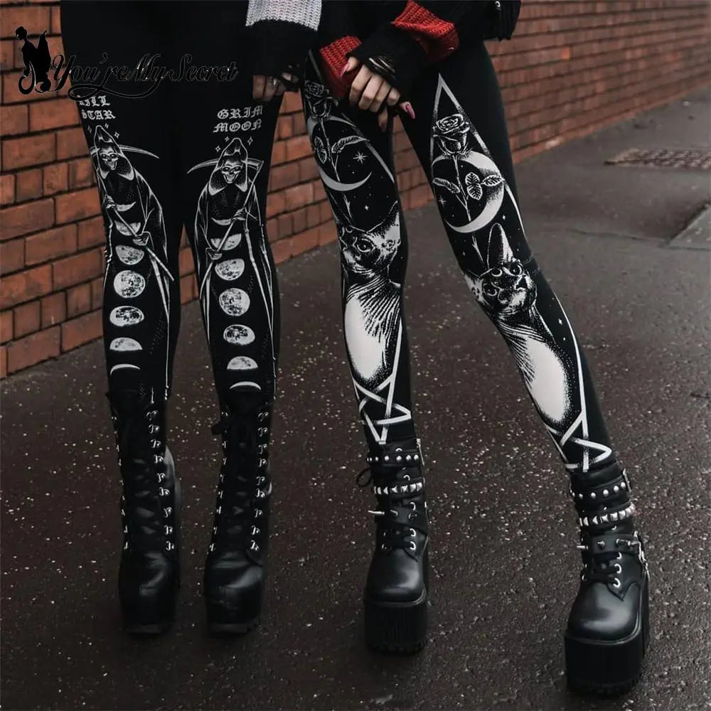 Gothic Leggings For Women Ouija Workout Pants Dark Grunge Black Cat Skull Leggins Devil Satan Legins