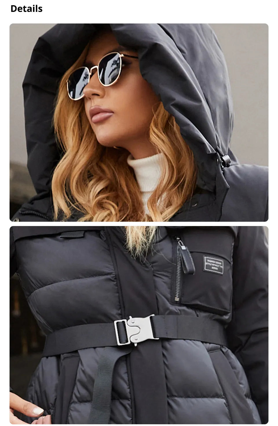 Women's jacket long Fashion Grace women winter down jackets Zipper pocket with belt parka high quality