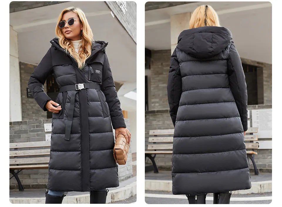 Women's jacket long Fashion Grace women winter down jackets Zipper pocket with belt parka high quality