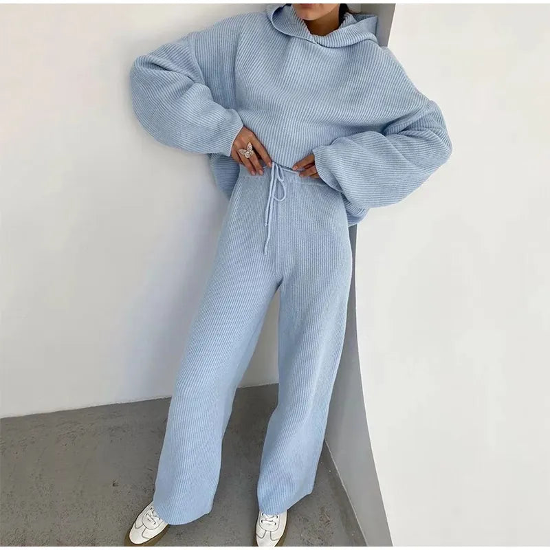 Autumn Knitted Sweat Suits Women Matching Sets Long Sleeve Hoodie+Wide-Legged Pants Loungewear Sweater Set Two Piece Outfits