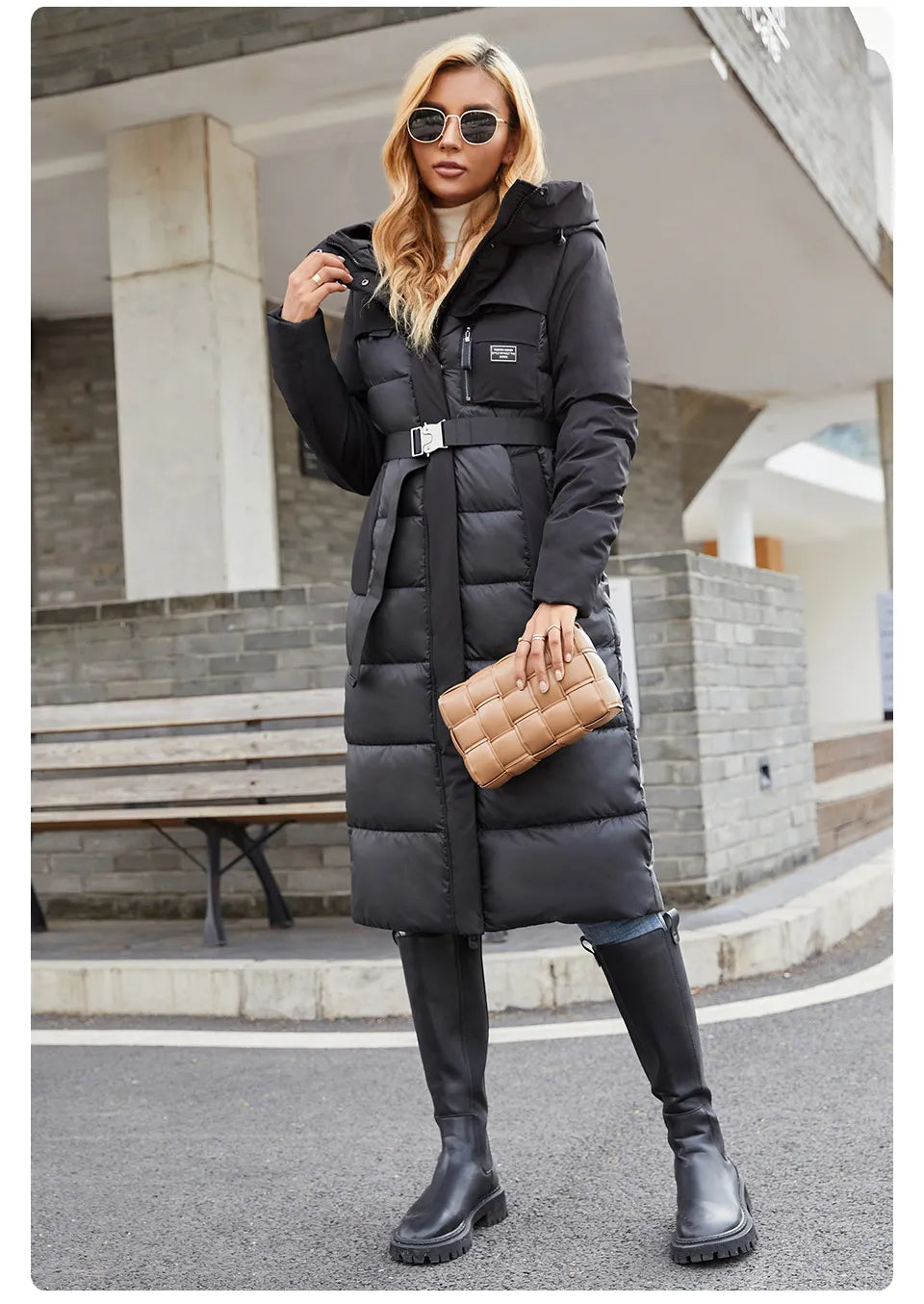 Women's jacket long Fashion Grace women winter down jackets Zipper pocket with belt parka high quality