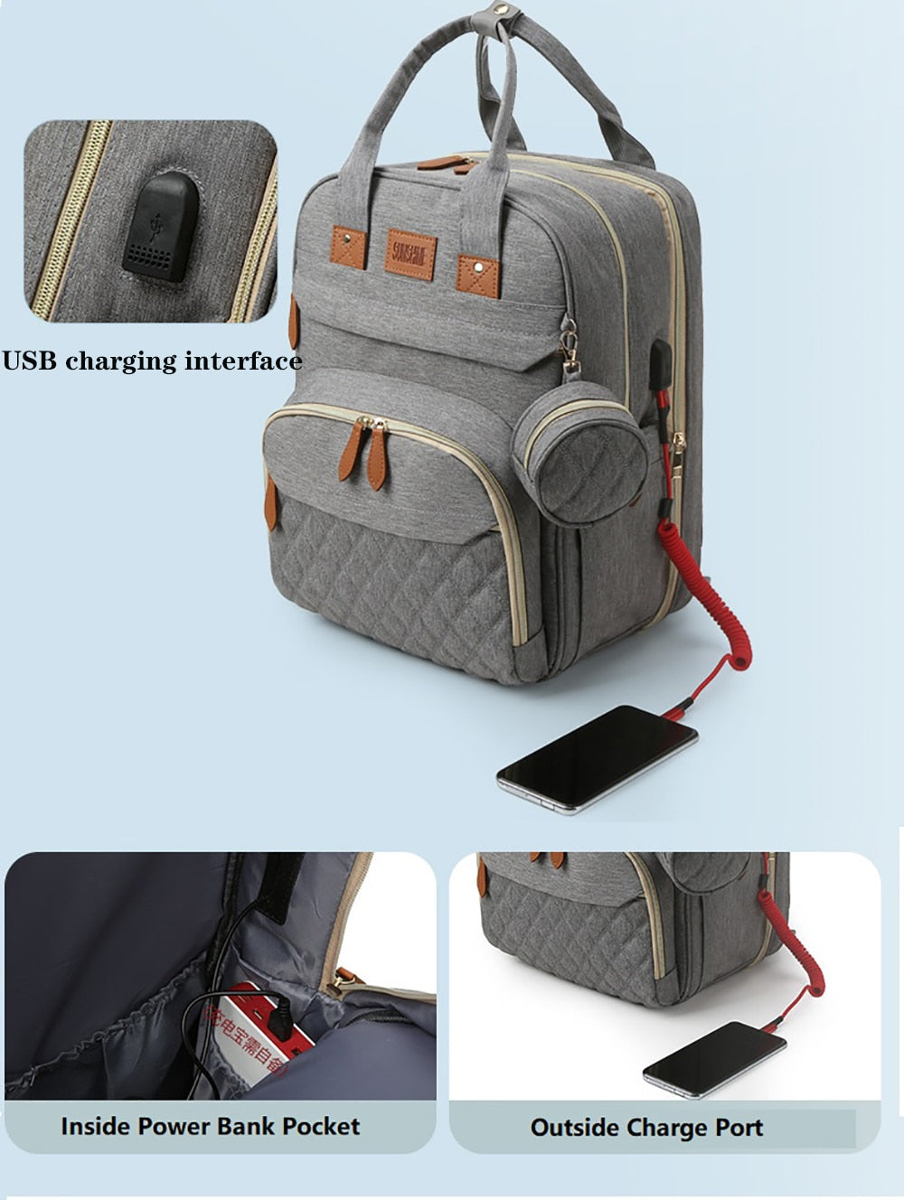 nappy Bags Backpack Multifunctional Folding Crib Bag Insulation Layer Mother and Baby Bag Large Capacity USB Charging Mommy Bag