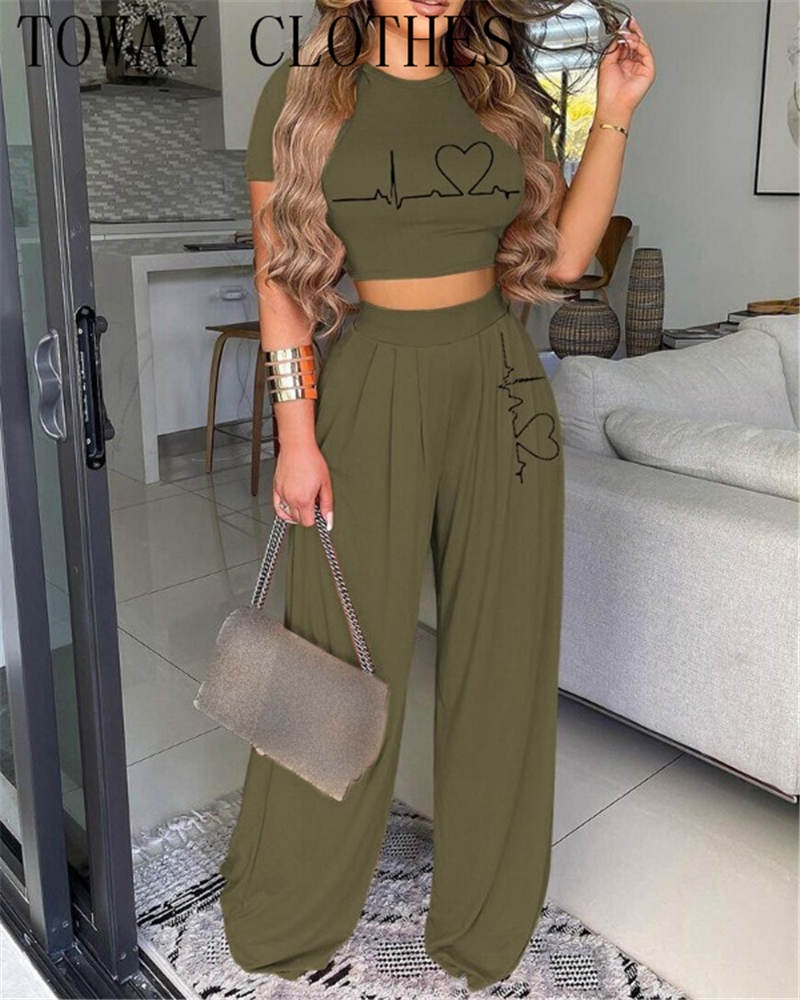 Women Summer Crop Top & Tribal Print Wide Leg Pants Set