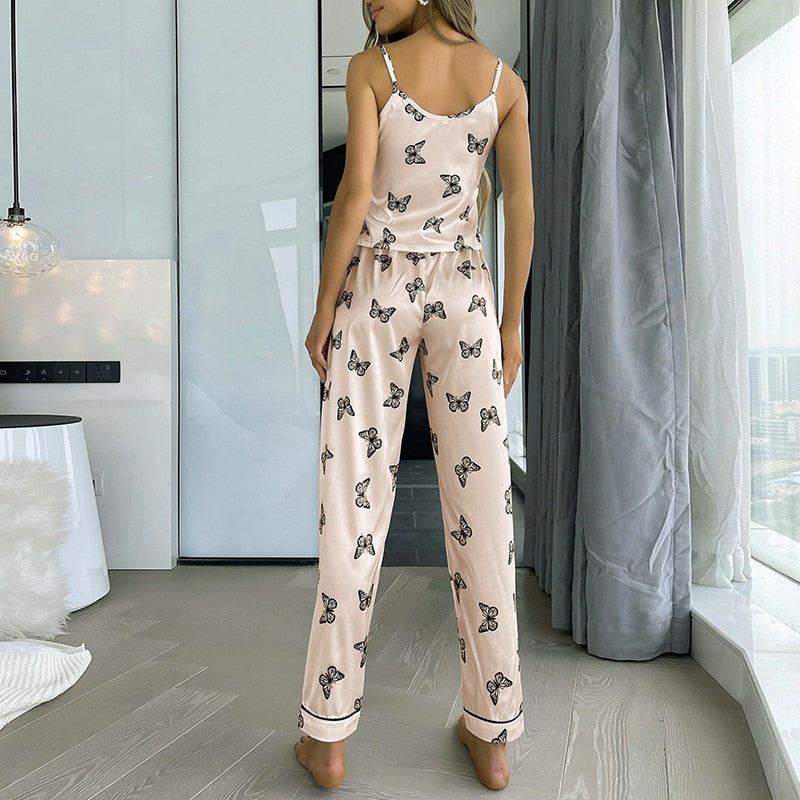 Women Pajamas Set Floral Printed Sleeveless Tops With Long Pants Pyjama Suit Satin Silk Casual Sleepwear Nightwear