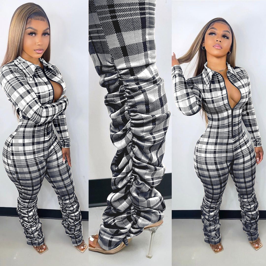 Jumpsuit Women Slim Fit Zipper V Neck Sexy Fashion Plaid Bodysuit Spring Outdoor Sportswear Club Romper Pleated Pants