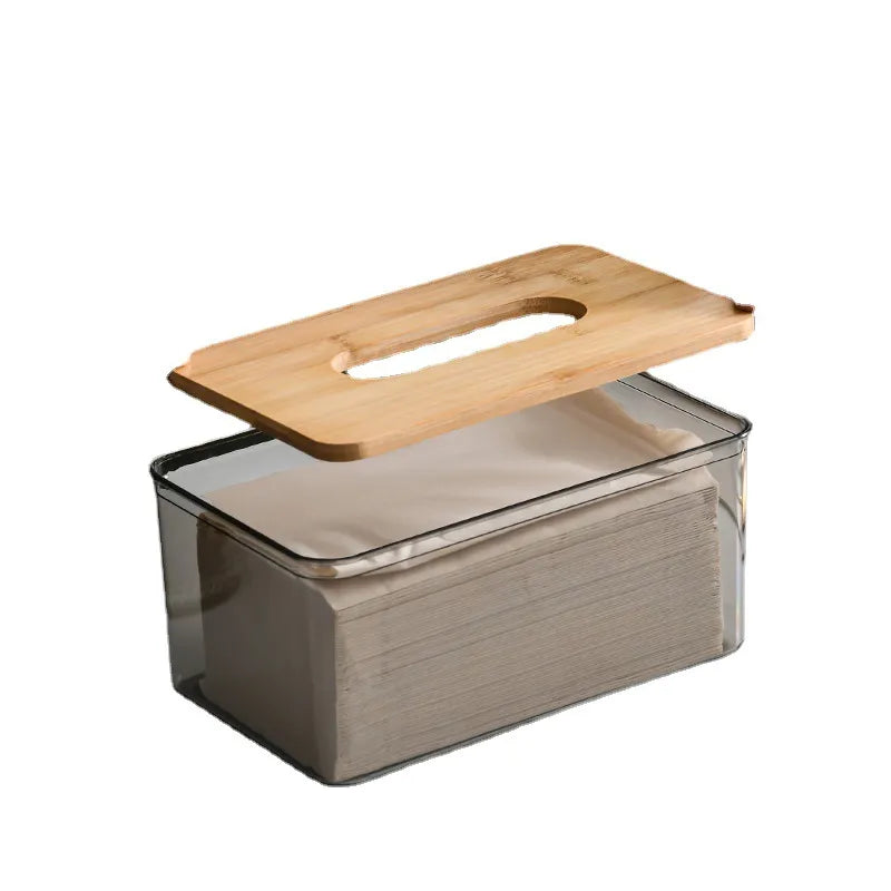 Nordiese Minimalistiese Hout Weefsel Box Dekselhouer Organiseerder Moderne lessenaar Deursigtige Reghoekige Bamboes Gesigsweefsel Dispenser