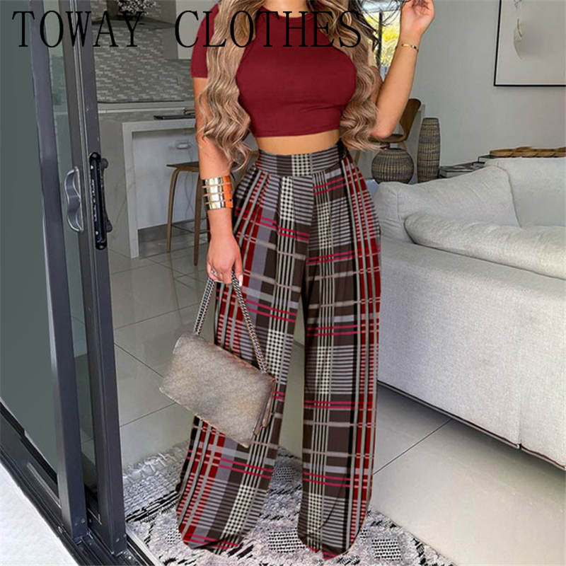 Women Summer Crop Top & Tribal Print Wide Leg Pants Set