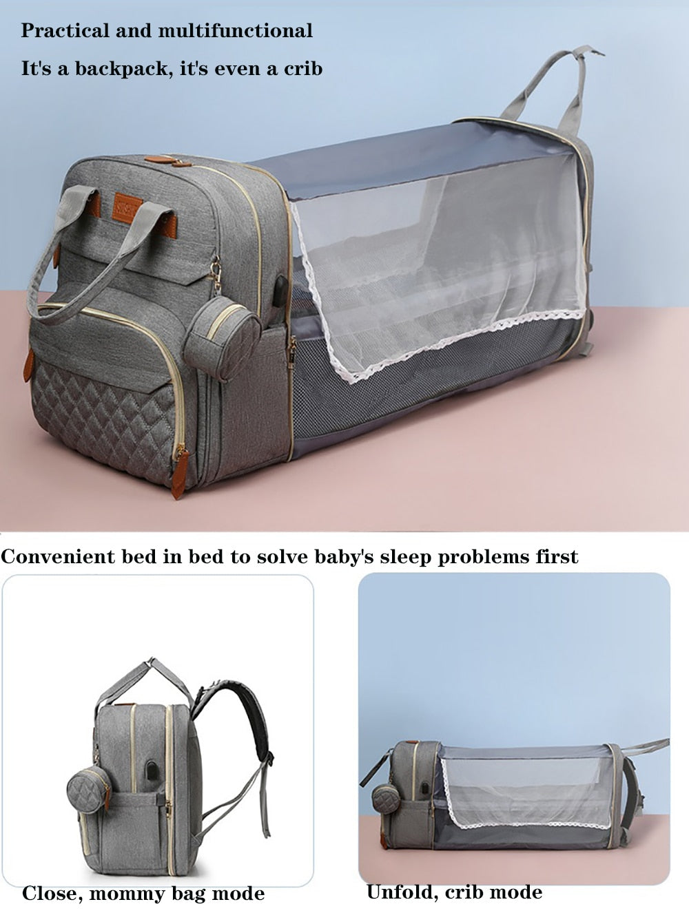 nappy Bags Backpack Multifunctional Folding Crib Bag Insulation Layer Mother and Baby Bag Large Capacity USB Charging Mommy Bag