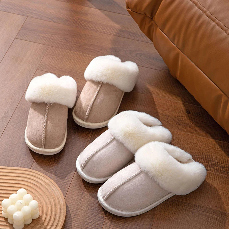 Winter Warm Fur Indoor Home Slippers Women Faux Suede Closed Toe Couple Slippers