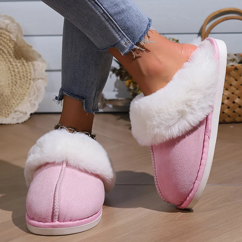 Winter Warm Fur Indoor Home Slippers Women Faux Suede Closed Toe Couple Slippers