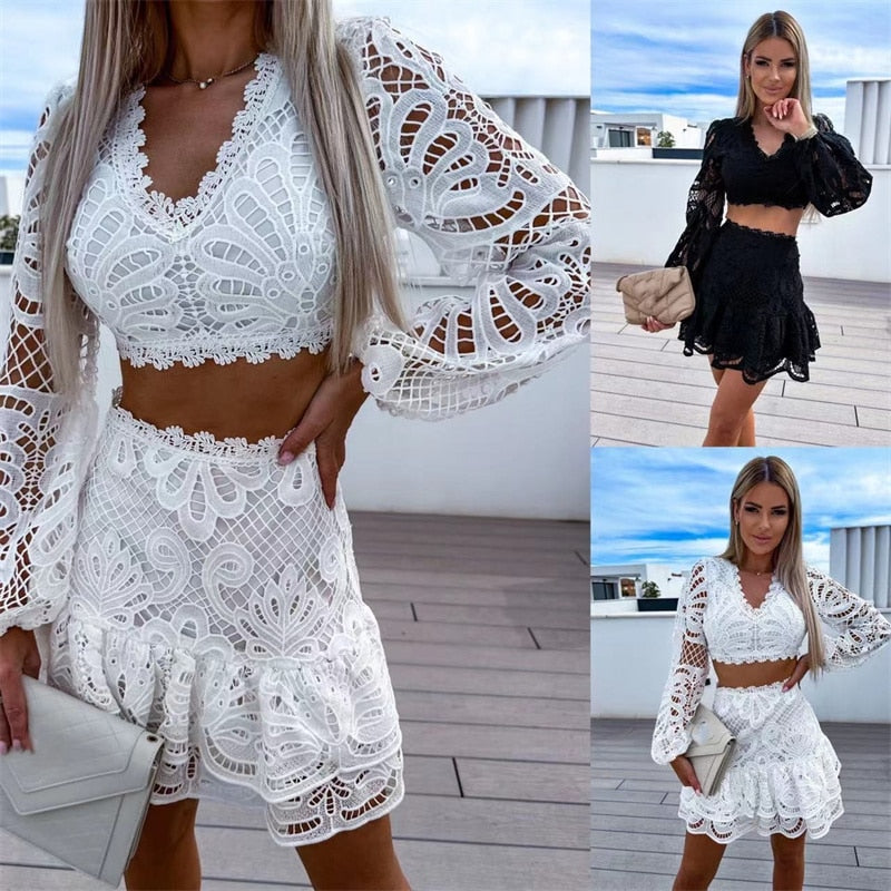 Skirt Lace Suits Summer Hollow Out Long Sleeve Tops Female Fashion Embroidery Commuter  Two Piece Set