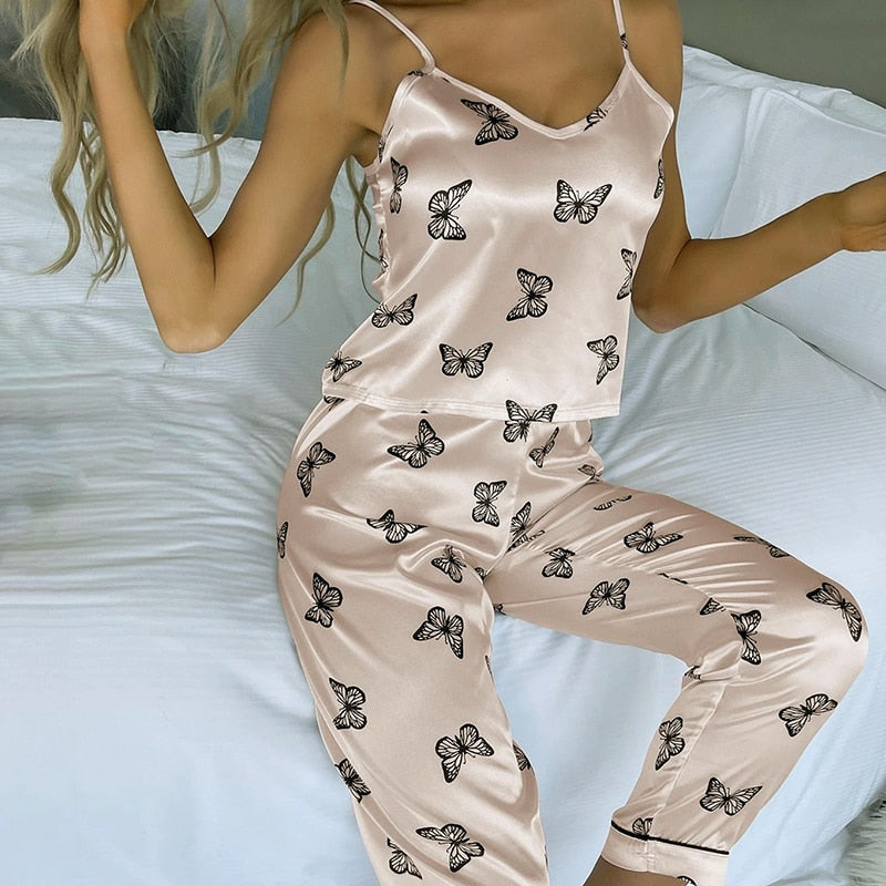 Women Pajamas Set Floral Printed Sleeveless Tops With Long Pants Pyjama Suit Satin Silk Casual Sleepwear Nightwear