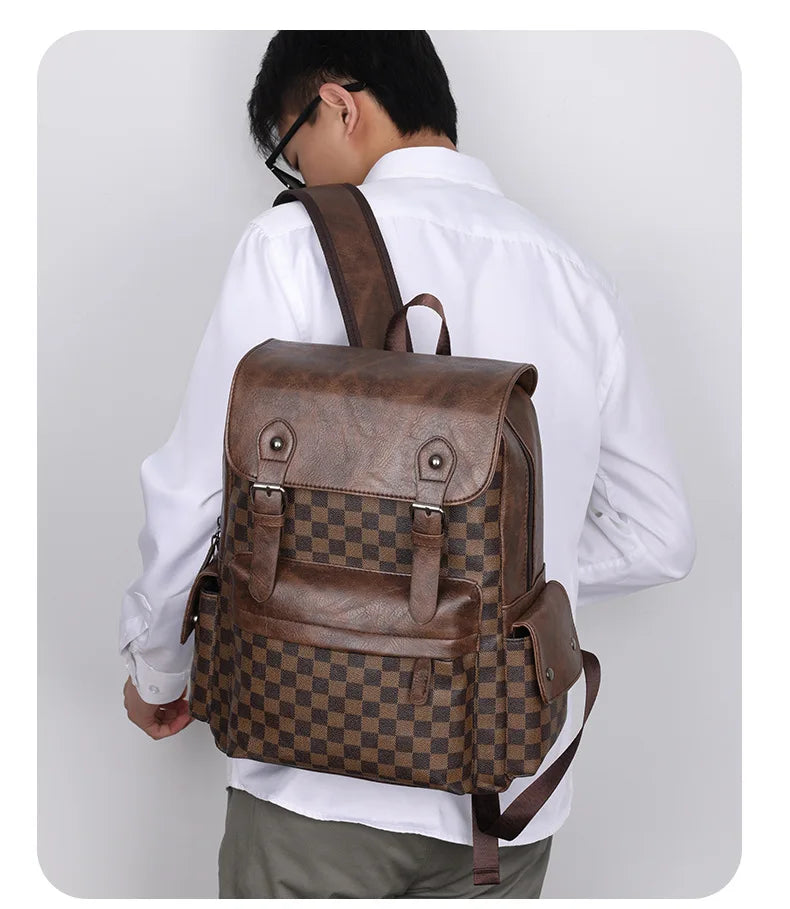 Trendy Plaid Business Versatile Men's Backpack Travel Large Capacity Luxury Brand Design Backpack Men's PU Leather School Bag