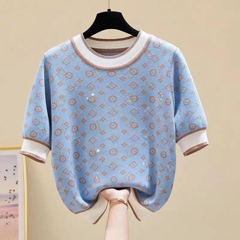 Women Short Sleeve Fashion Knit Glitter Stones Tshirt Femme Vintage Luxury Designer Slim Leisure T-Shirt Tops