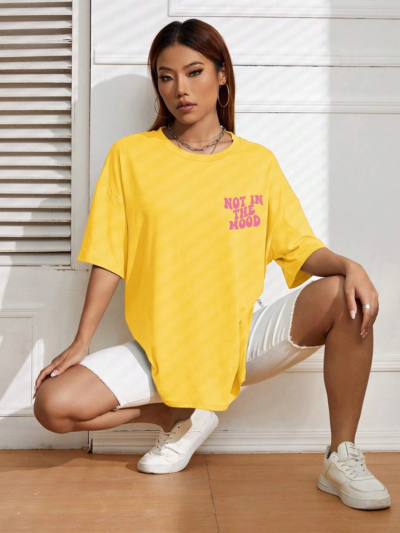 Not In The Mood Pink Letter Print T-Shirts Women Summer Cotton Clothing O-Neck Oversized Short Sleeve Breathable Casual Tshirt