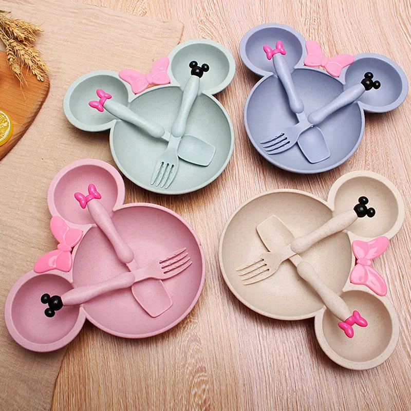 cartoon tableware wheat straw children's dinnerware set plate bowl spoon fork biodegradable environment friendly tableware