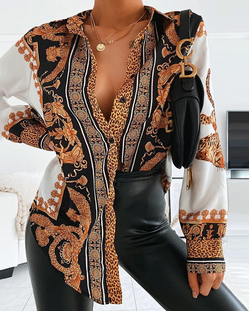 Baroque Leopard Print Casual Shirt Women Turn-down Collar Long Sleeve Casual Blouse