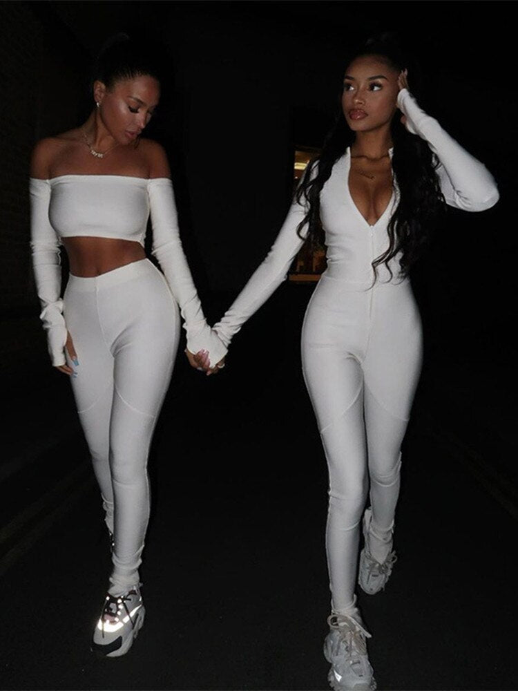 White Rompers Jumpsuits Women Elegant Long Sleeve Overalls Zipper Playsuits Slim Outifts Bodysuit Causal Black Combinaison Femme