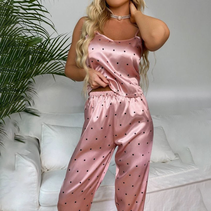 Women Pajamas Set Floral Printed Sleeveless Tops With Long Pants Pyjama Suit Satin Silk Casual Sleepwear Nightwear