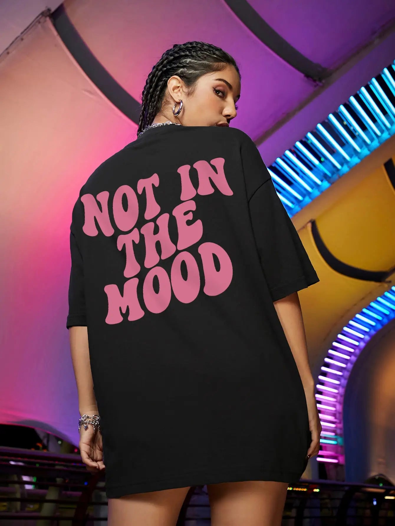 Not In The Mood Pink Letter Print T-Shirts Women Summer Cotton Clothing O-Neck Oversized Short Sleeve Breathable Casual Tshirt