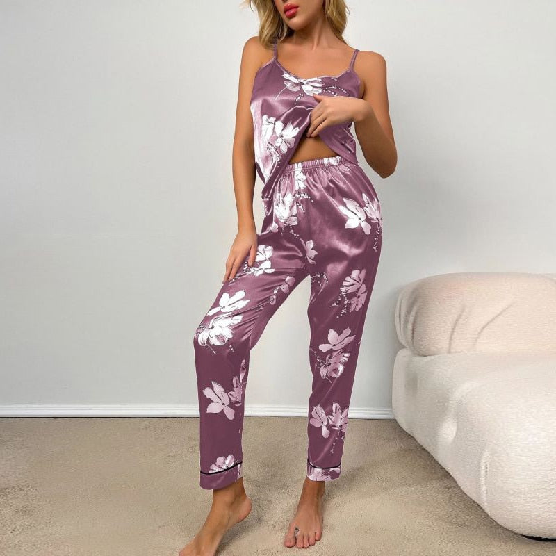 Women Pajamas Set Floral Printed Sleeveless Tops With Long Pants Pyjama Suit Satin Silk Casual Sleepwear Nightwear