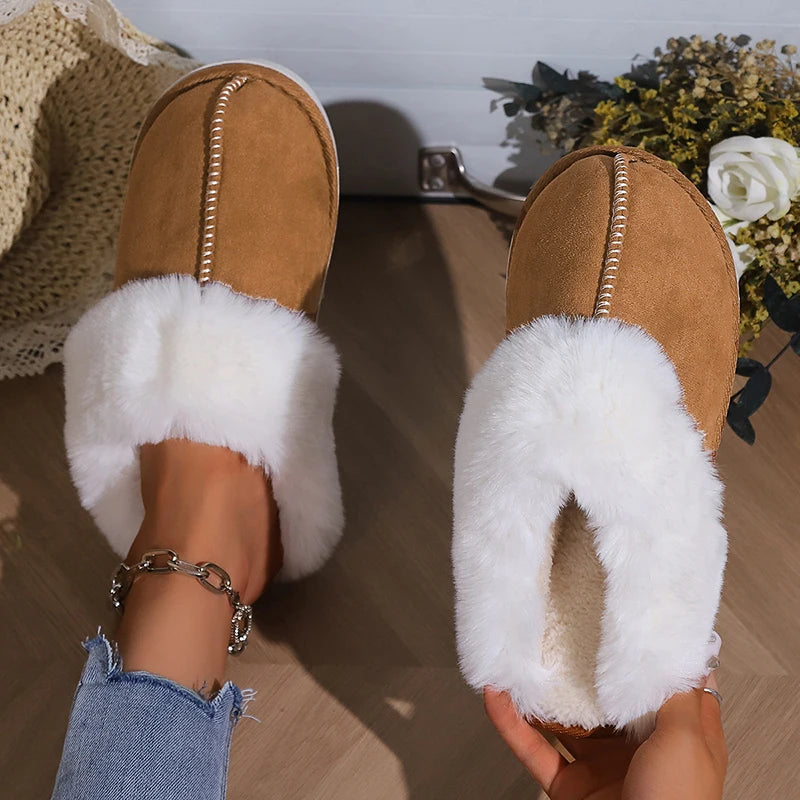 Winter Warm Fur Indoor Home Slippers Women Faux Suede Closed Toe Couple Slippers