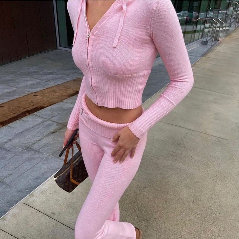 Knitted Hoodie Set Women Waist Long Sleeve Pants Two Piece Set