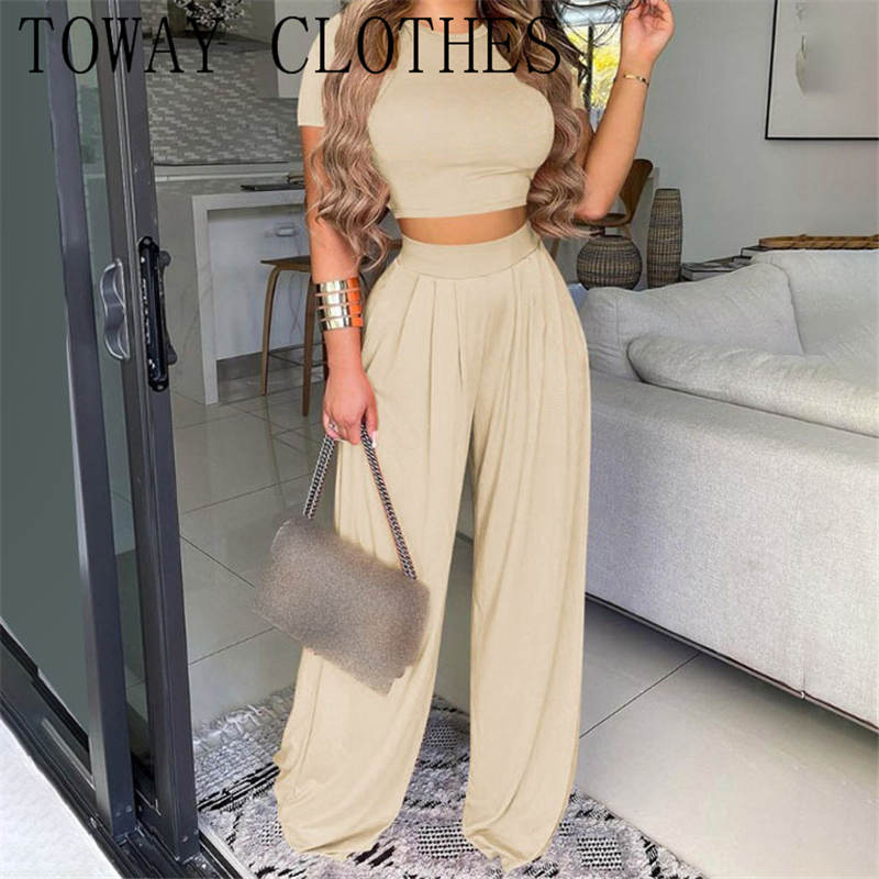 Women Summer Crop Top & Tribal Print Wide Leg Pants Set