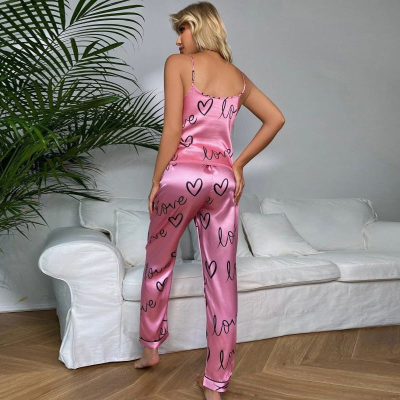 Women Pajamas Set Floral Printed Sleeveless Tops With Long Pants Pyjama Suit Satin Silk Casual Sleepwear Nightwear