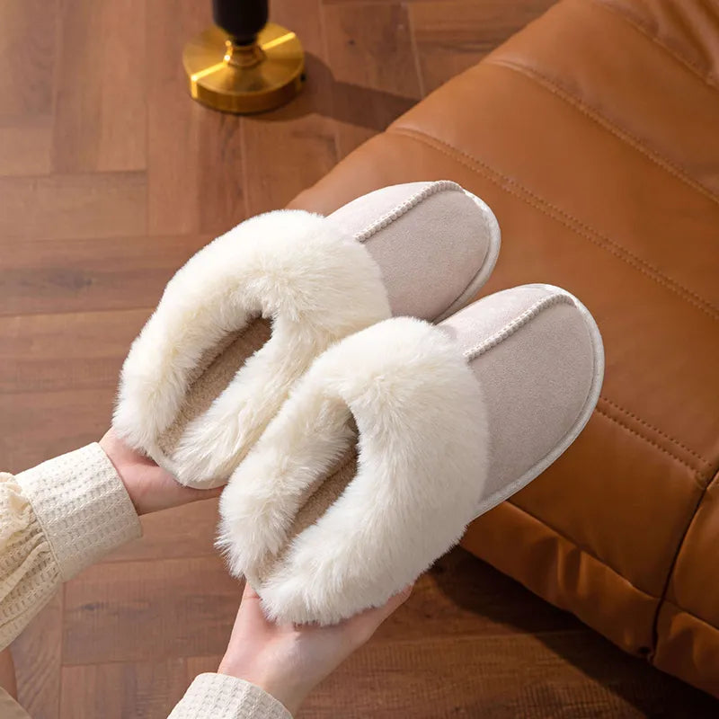 Winter Warm Fur Indoor Home Slippers Women Faux Suede Closed Toe Couple Slippers