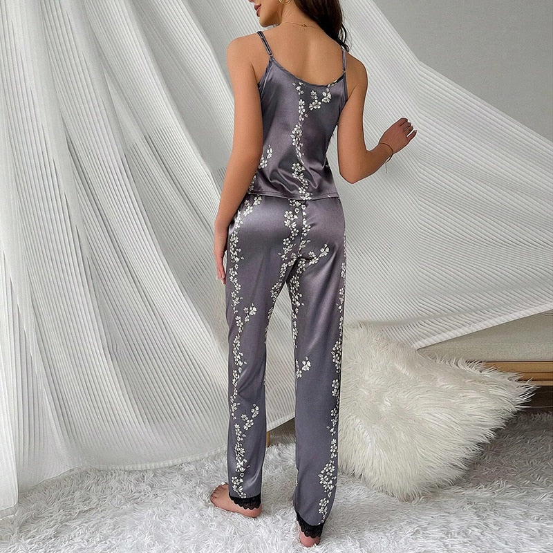 Women Pajamas Set Floral Printed Sleeveless Tops With Long Pants Pyjama Suit Satin Silk Casual Sleepwear Nightwear