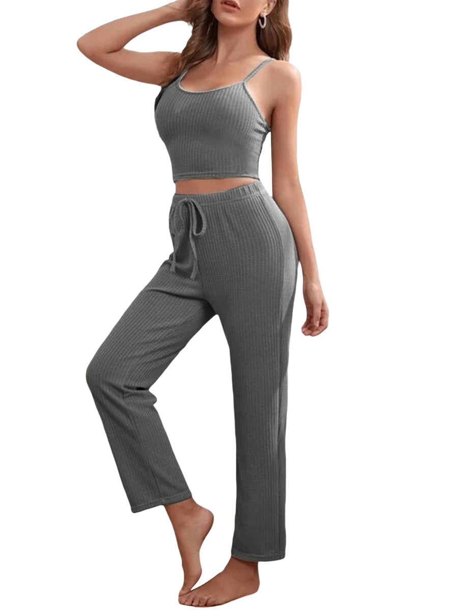 Women´s 3 Piece Lounge Set Pajama Set Cami Crop Top Pants Cardigan Loungewear Sleepwear