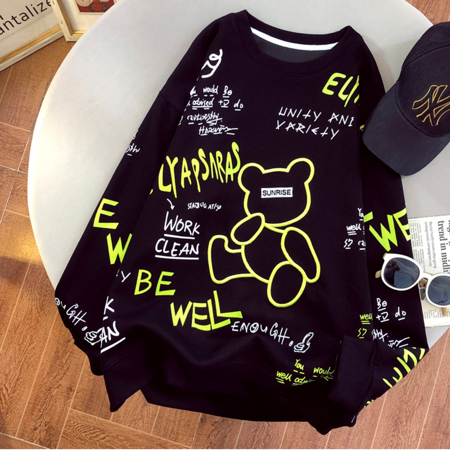 Thin Sweatshirts Women Autumn Bear Embroidery Oversized White Black Bottom Hoodies