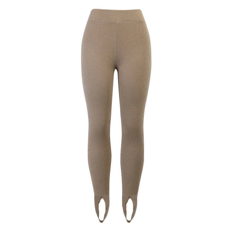 Beige Ribbed Knit Leggings Women High Waist Cotton Fitness Basic Pants Casual Spring New All-Match Female Skinny Leggings