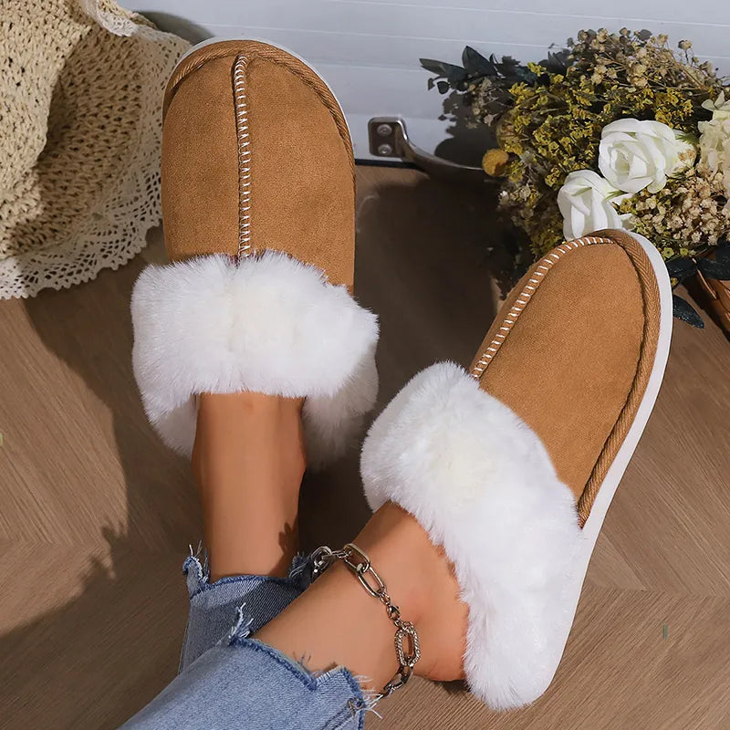 Winter Warm Fur Indoor Home Slippers Women Faux Suede Closed Toe Couple Slippers