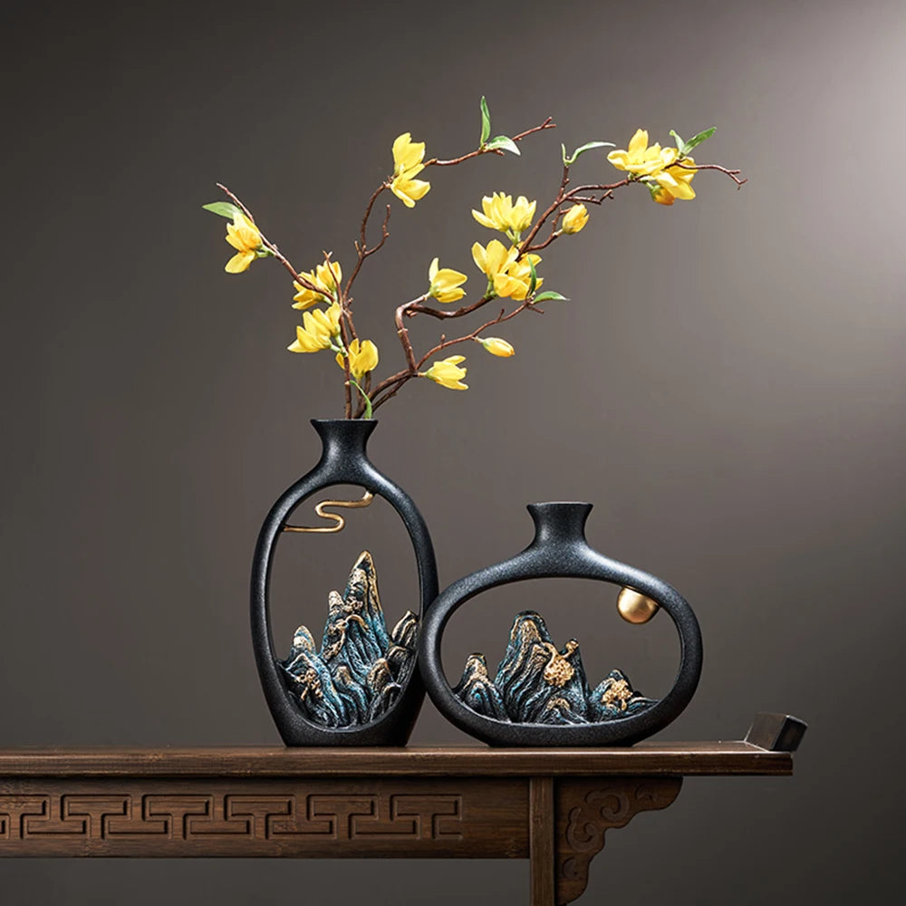 Resin Vase Table Decoration & Accessories Home Decoration Luxury New Chinese Style Mountain Scenery Vase Decoration