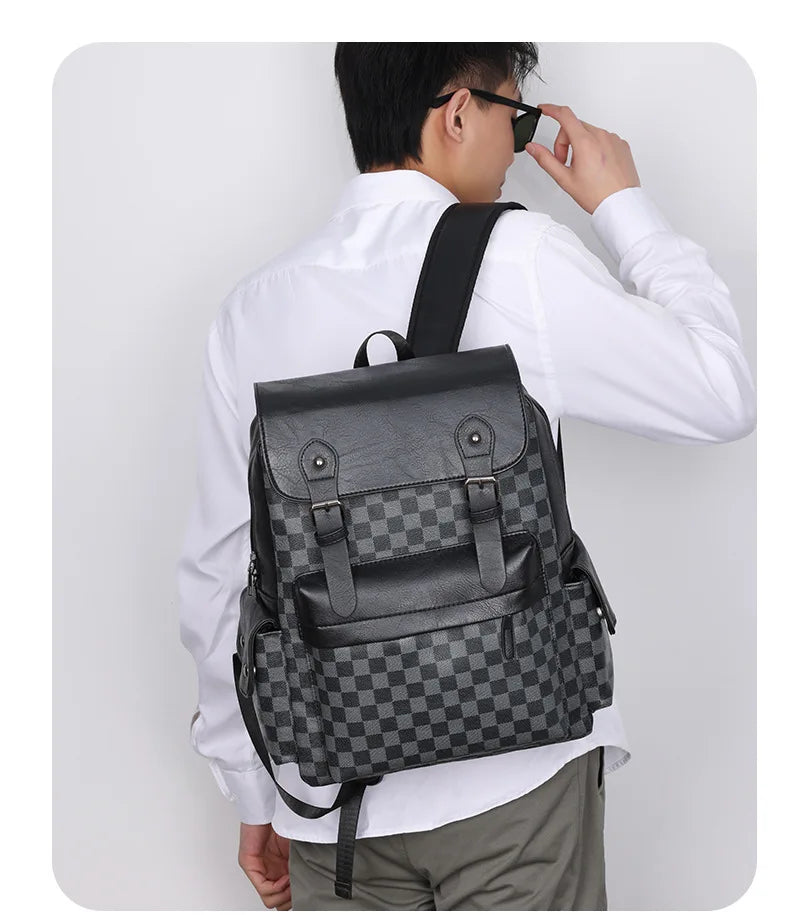 Trendy Plaid Business Versatile Men's Backpack Travel Large Capacity Luxury Brand Design Backpack Men's PU Leather School Bag