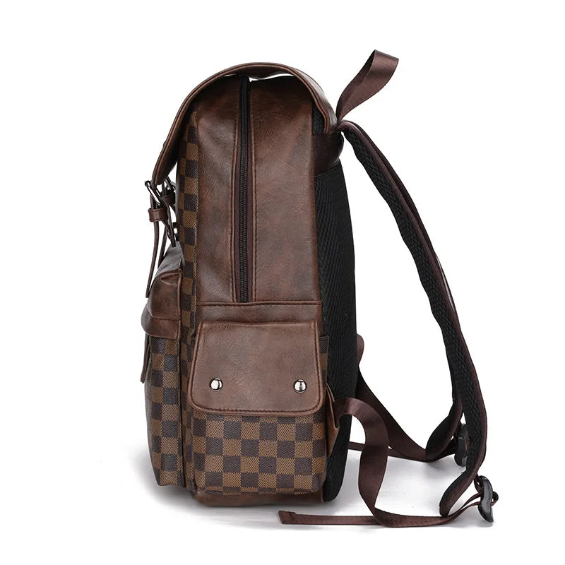 Trendy Plaid Business Versatile Men's Backpack Travel Large Capacity Luxury Brand Design Backpack Men's PU Leather School Bag