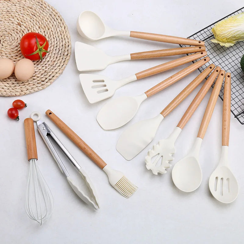 White Silicone Cooking Utensils Set Non-Stick Spatula Shovel Soup Spoon Cooking Tools Set BPA Free Kitchen Tool Accessories