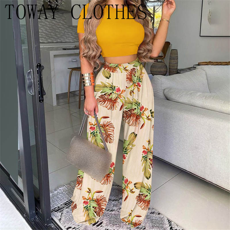 Women Summer Crop Top & Tribal Print Wide Leg Pants Set