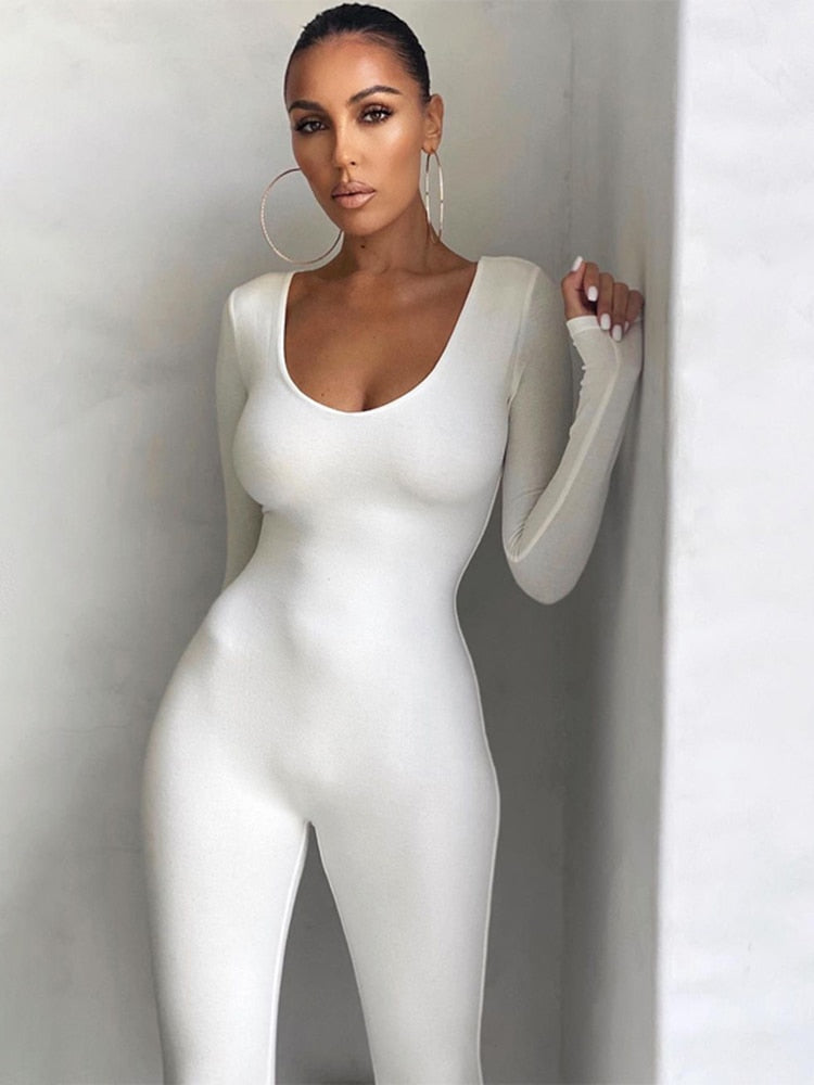 Long Sleeve Slash Neck Skinny Solid Stretchy Bodycon Jumpsuits Autumn Winter Women Fashion Streetwear Outfits Romp