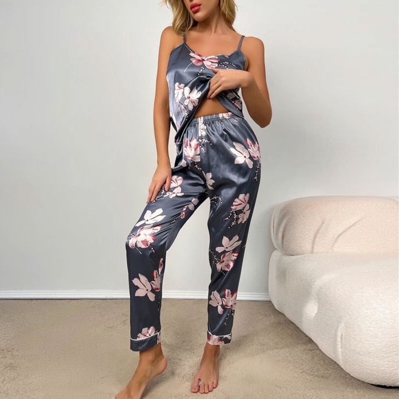 Women Pajamas Set Floral Printed Sleeveless Tops With Long Pants Pyjama Suit Satin Silk Casual Sleepwear Nightwear