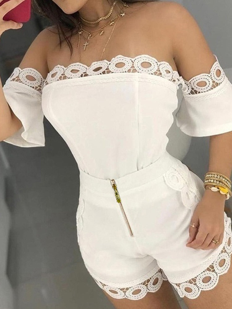 Off Shoulder Hollow Out Lace Detail Two Pieces Set Short Sleeve Tops & Zipper Fly Shorts Casual 2 Piece Outfits