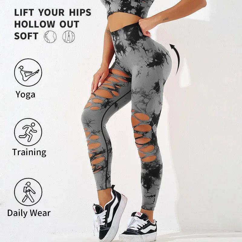 Women Tie Dye Seamless Leggings Hollow Out Leggings High Waisted Slim Fashion Elastic Sports Trainning Yoga Tights