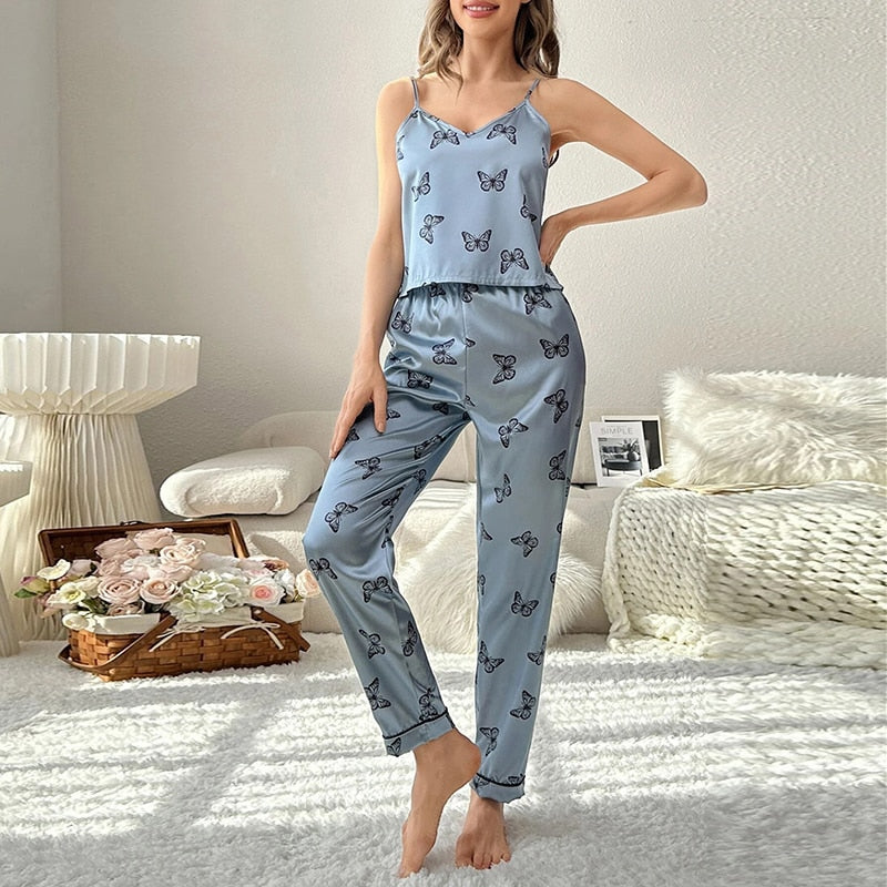 Women Pajamas Set Floral Printed Sleeveless Tops With Long Pants Pyjama Suit Satin Silk Casual Sleepwear Nightwear