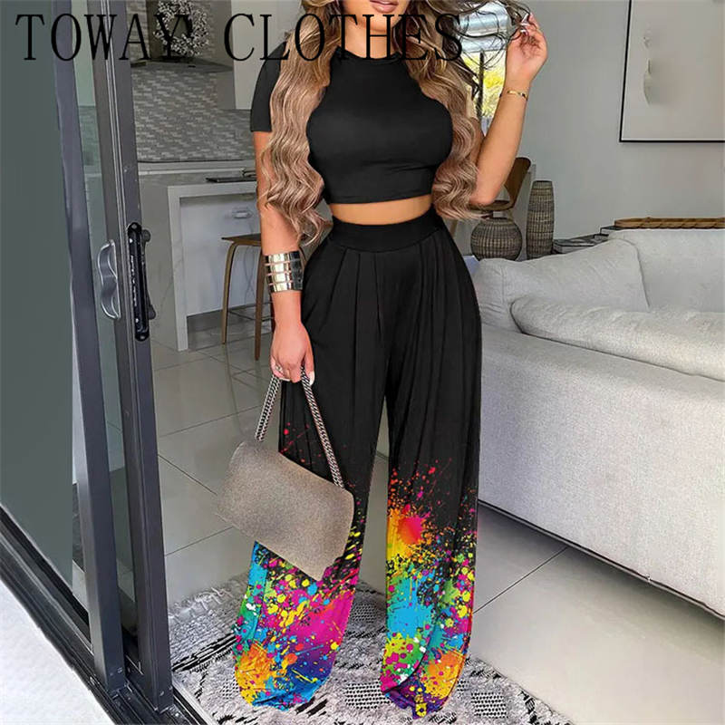 Women Summer Crop Top & Tribal Print Wide Leg Pants Set