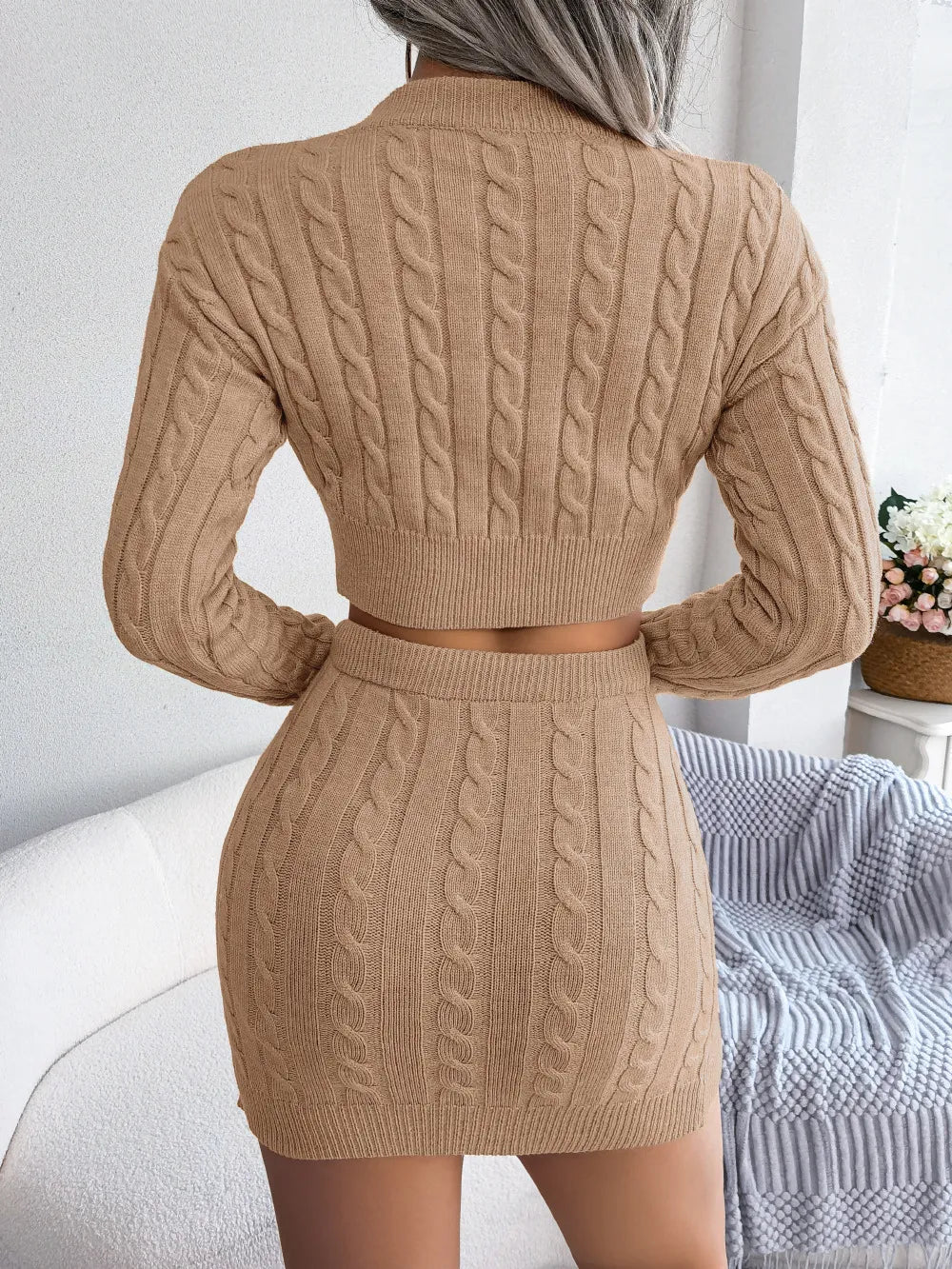 Womens Winter Twist Crop Sweater Hip Skirt Knit Suits For Laides Solid Color Slim All Match Two Piece Set