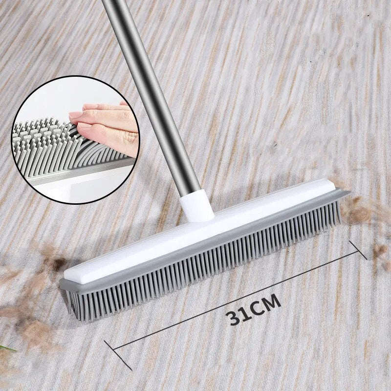 Rubber Broom Carpet Rake with Squeegee Long Handle for Pet Hair Fur Remover Broom for Fluff Carpet Hardwood Floor No Scratch